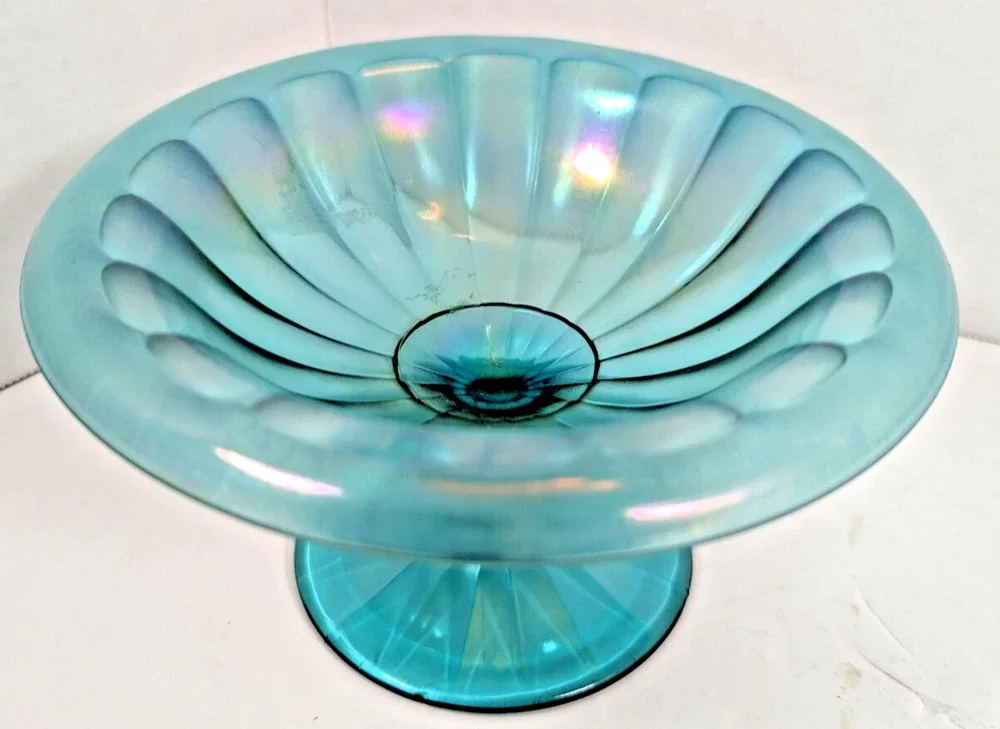 Vintage Fenton Aqua Blue Glass Pedestal Dish 7
